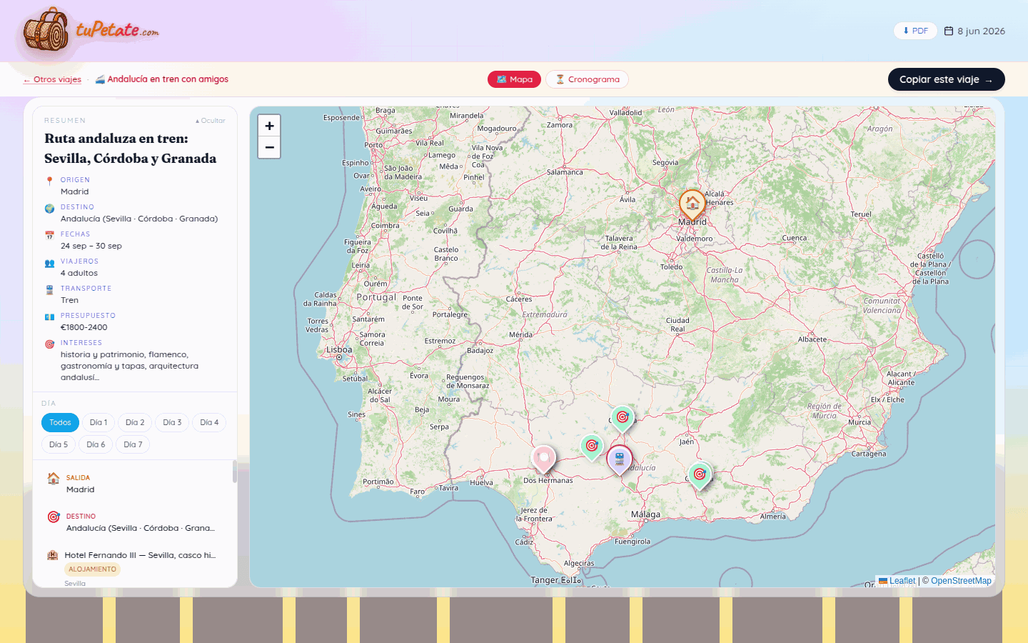Mapa interactivo de un viaje por Andalucía con los hoteles y actividades marcados en Sevilla, Córdoba y Granada