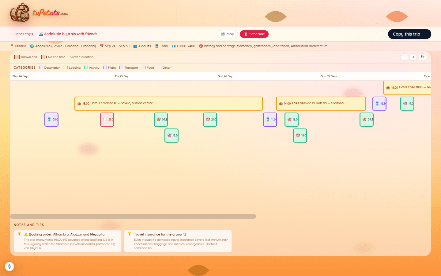 Visual timeline of the Andalusia trip with each booking and activity placed by day and time