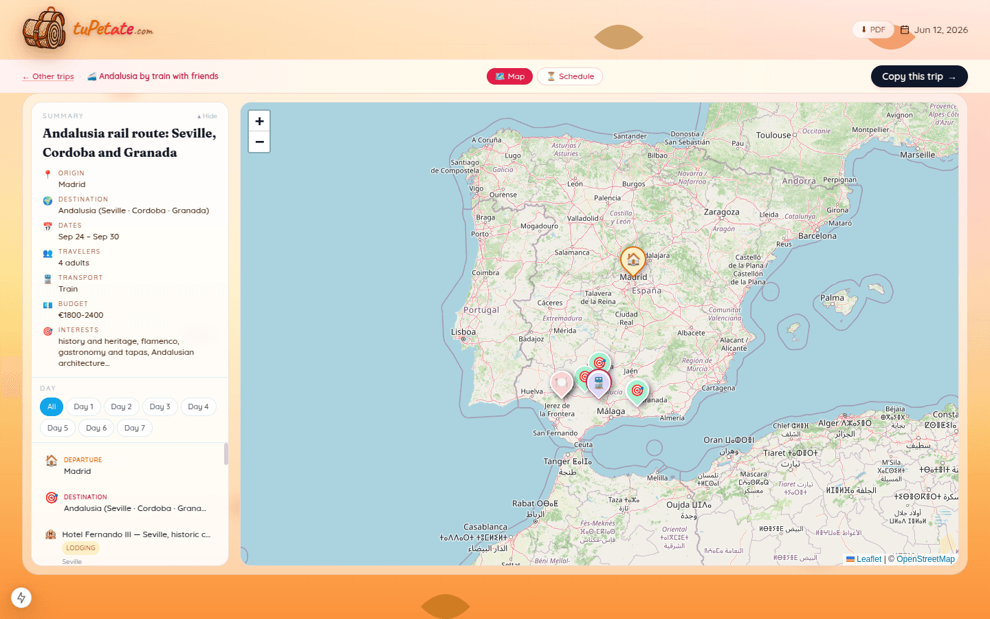 Interactive map of a trip through Andalusia with hotels and activities marked in Seville, Córdoba and Granada