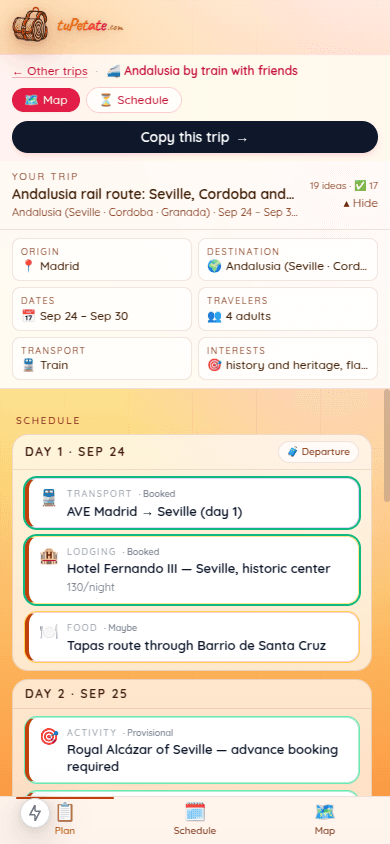 Mobile version of the trip with the board, the brief and the timeline, and the Plan · Timeline · Map tabs at the bottom