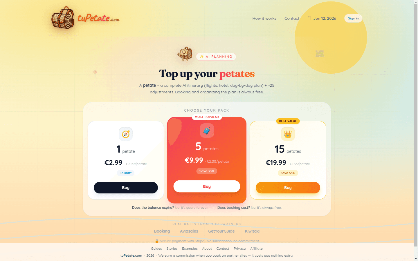 tuPetate top-up page with the planning packs and the note that booking is always free